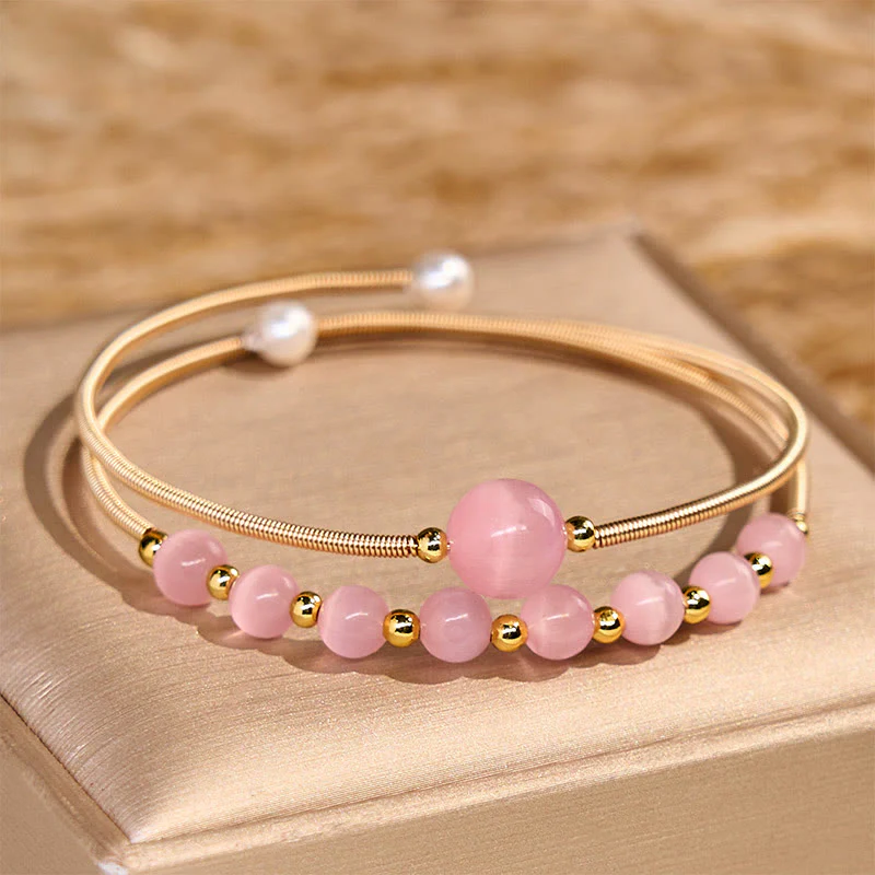 Buddha Stones 14K Gold Filled Copper Pink Cat Eye Support Metal Cuff Bracelet Bangle