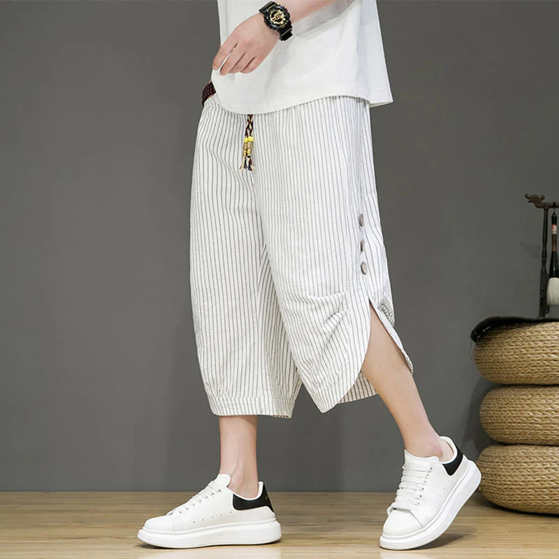 Buddha Stones Casual White Stripes Pattern Drawstring Button Design Men's Cotton Cropped Harem Pants With Pockets