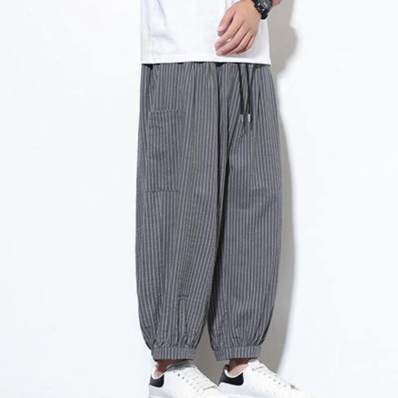 Buddha Stones Casual Striped Men's Cotton 7-8 Length Harem Pants With Pockets