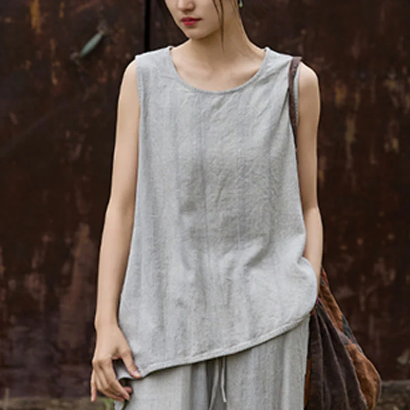 Buddha Stones Summer Tie-dye Linen Crew Neck Sleeveless Women's Vest
