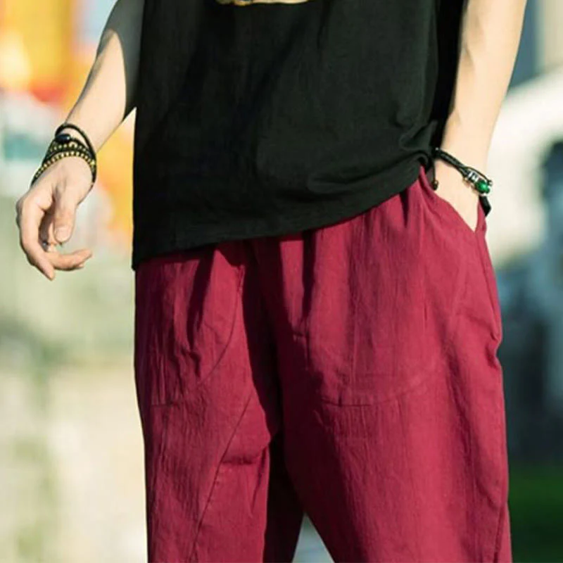 Buddha Stones Summer Plain Pleat Design Drawstring Men's 7-8 Length Cotton Linen Pants With Pockets