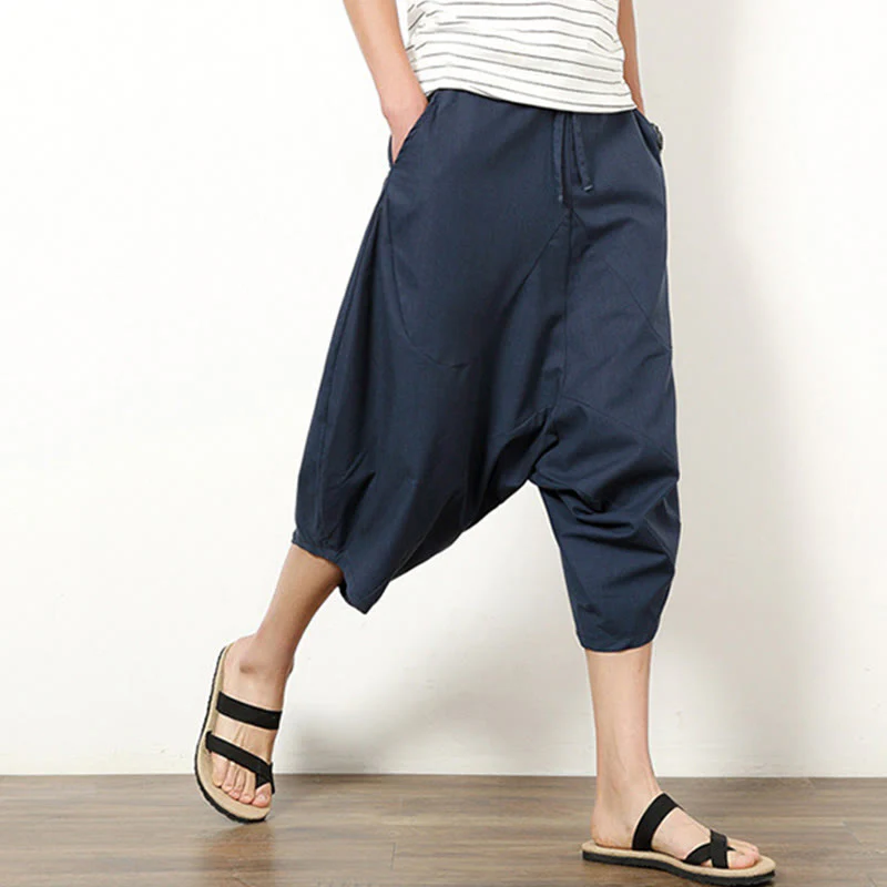 Buddha Stones Spring Plain Simple Patchwork Design Drawstring Cotton Linen Men's 7-8 Length Wide Leg Pants With Pockets