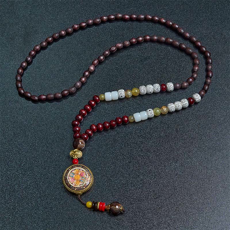Buddha Stones Tibetan Handmade Wood Beads Om Mani Padme Hum Samantabhadra Bodhisattva Purity Necklace Pendant