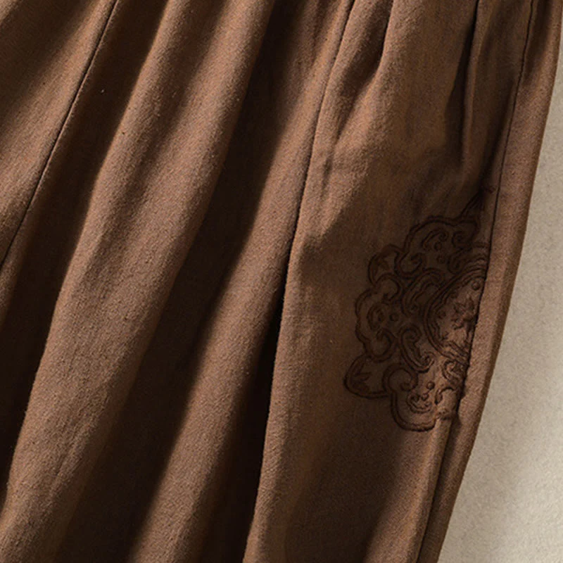 Buddha Stones Casual Embroidery Women's Cotton Linen 7-8 Length Harem Pants With Pockets