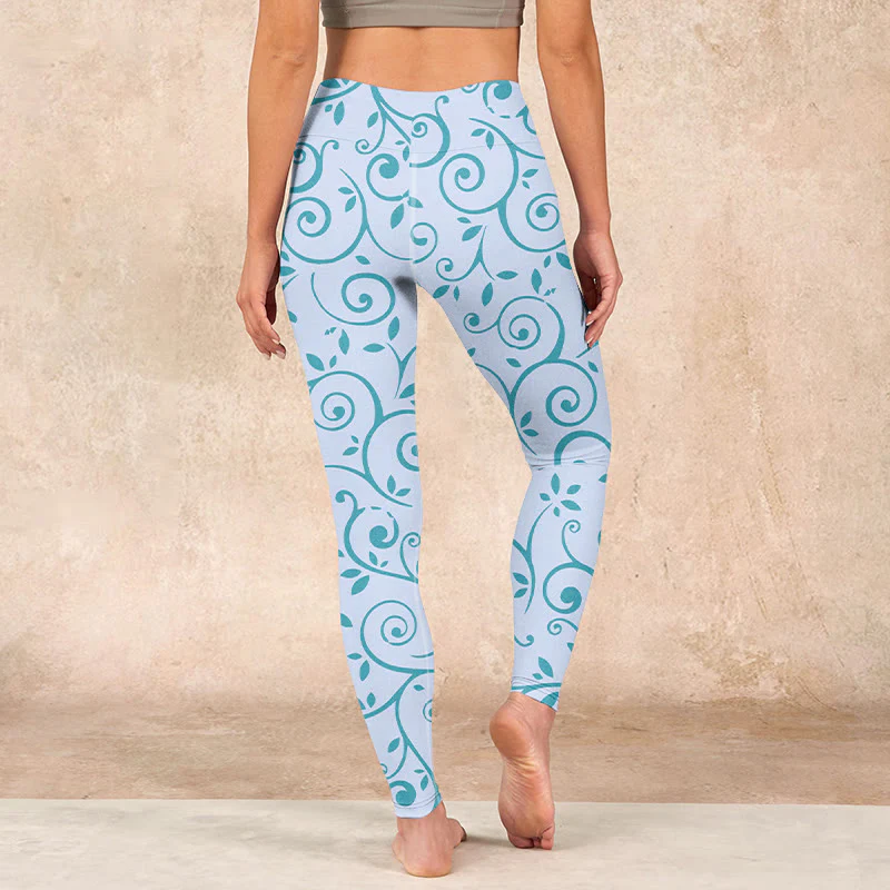 Buddha Stones Blue Vine Leaves Print Gym Leggings Women's Yoga Pants