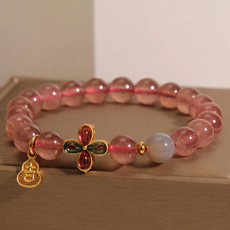 Buddha Stones Strawberry Quartz Four-leaf Clover Lucky Gourd Healing Bracelet