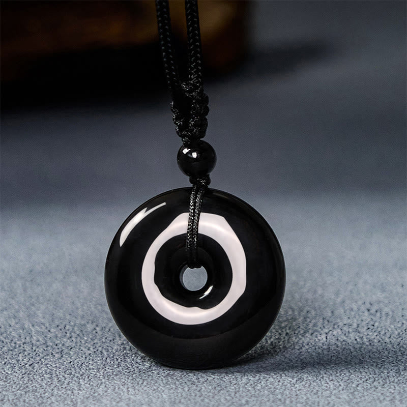 Buddha Stones Natural Black Obsidian Peace Buckle Strength Rope Necklace Pendant