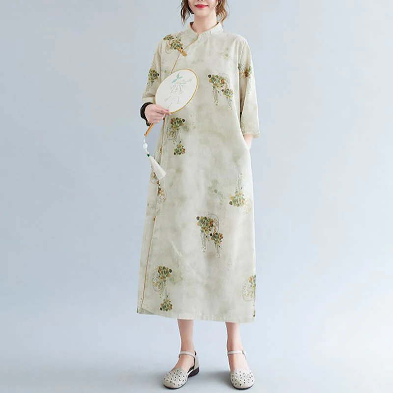 Buddha Stones Flowers Green Yellow Leaves Print Cheongsam Midi Dress Three Quarter Sleeve Dress With Pockets