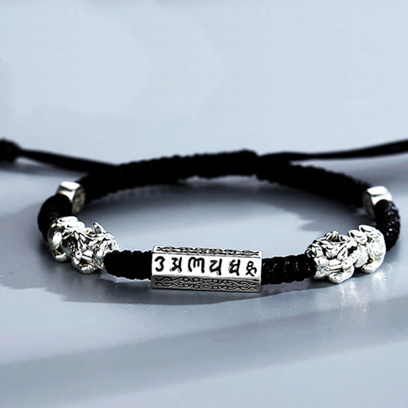 Buddha Stones Double PiXiu Feng Shui Copper Coin Om Mani Padme Hum String Bracelet