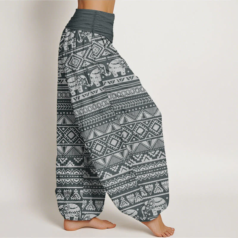Buddha Stones Pure Cotton Casual Elephant Geometric Figure Women's Elastic Waist Harem Pants