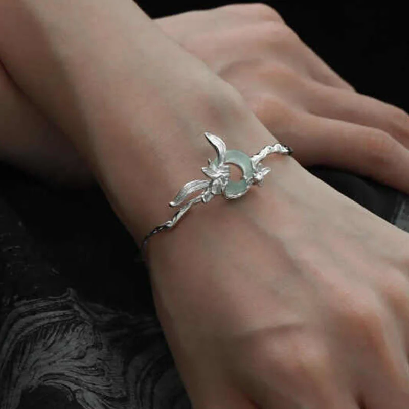 Buddha Stones 925 Sterling Silver Iris Peace Buckle Quartzite Jade Protection Bracelet Bangle