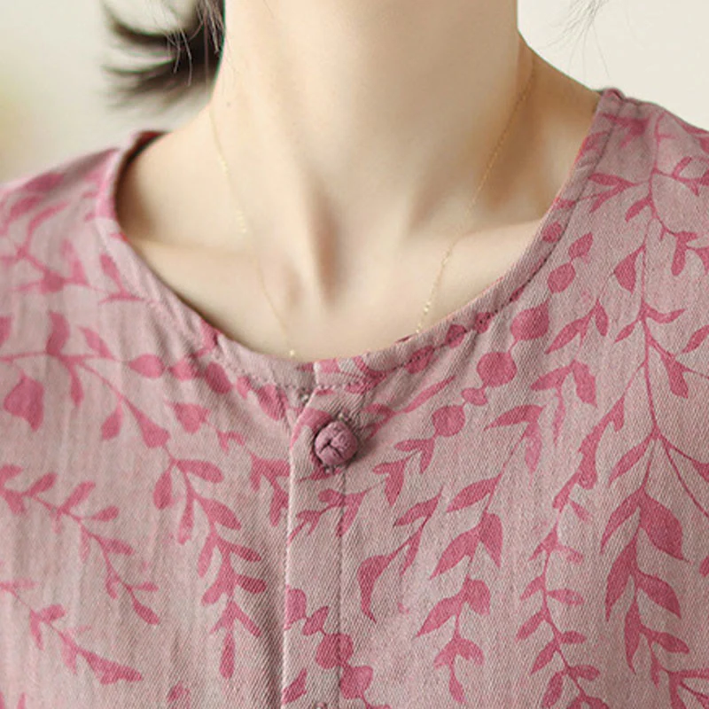 Buddha Stones Leaf Print Women's Cotton Linen Jacket With Pockets