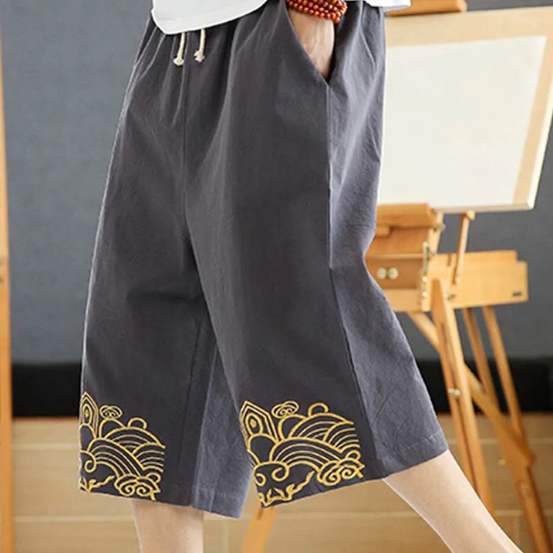 Buddha Stones Spring Casual Embroidery Drawstring Men's 7-8 Length Cotton Linen Harem Pants With Pockets