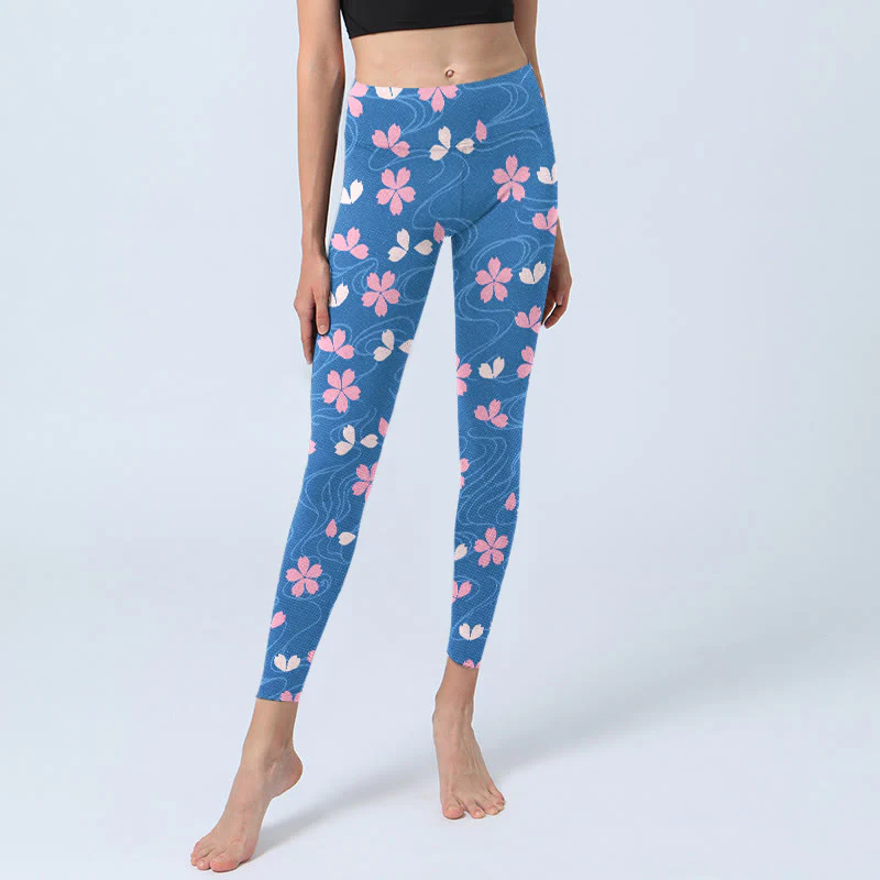 Buddha Stones Pink Cherry Blossoms Lines Print Gym Leggings Women's Yoga Pants