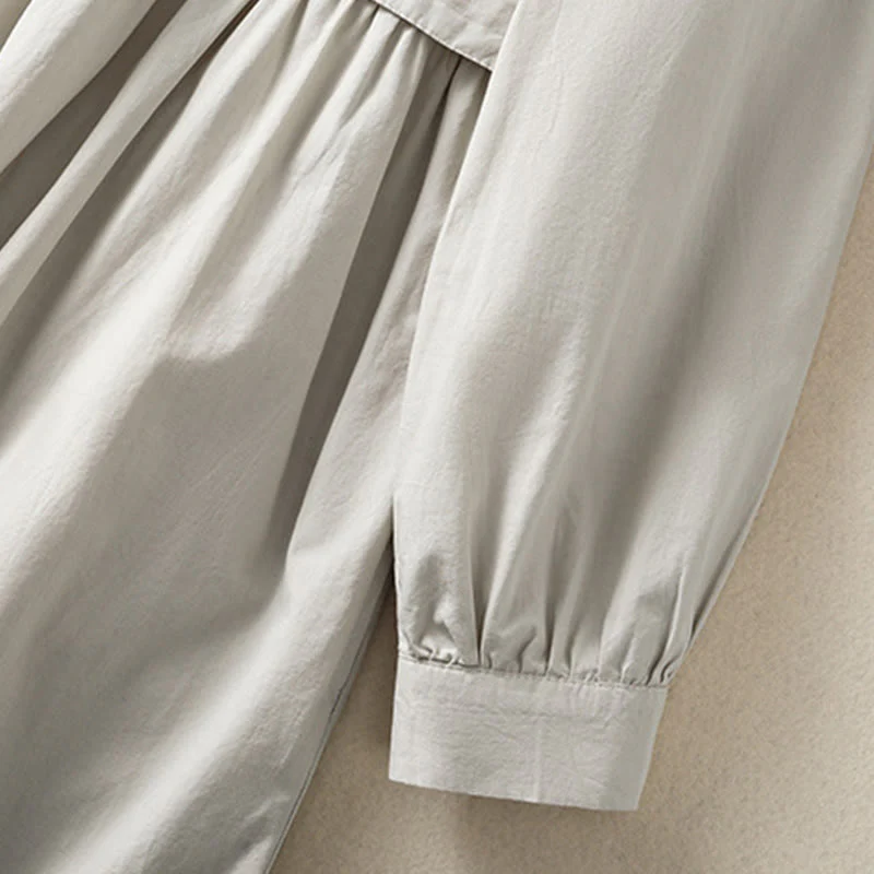 Buddha Stones Casual Plaid Pleats Buttons Design Long Sleeve Cotton Midi Dress With Pockets