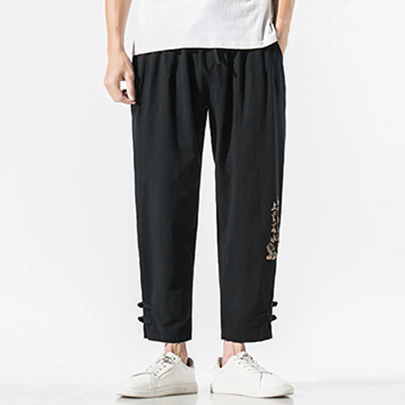 Buddha Stones Summer Chinese Characters Embroidery Men's Cotton Linen Pants With Pockets