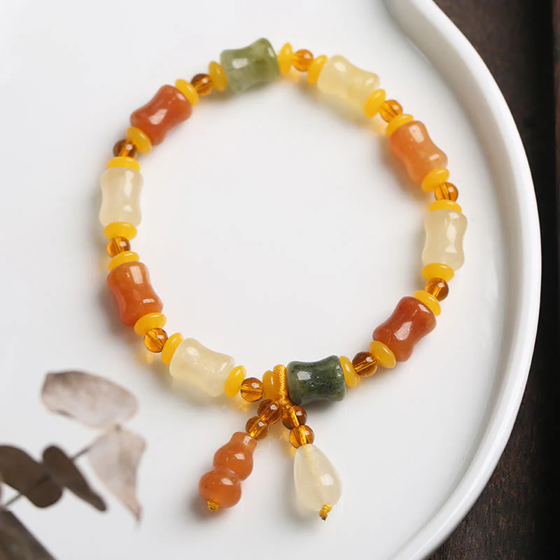 Buddha Stones Natural Golden Silk Jade Gourd Wealth Charm Bracelet