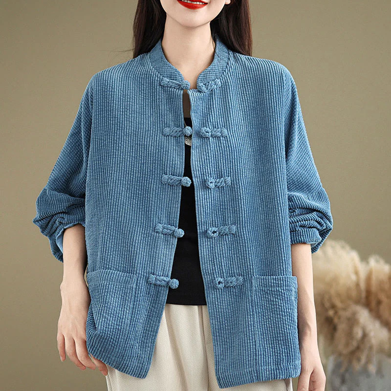 Buddha Stones Frog-button Stand Collar Women's Cotton Linen Corduroy Jacket