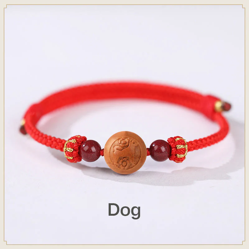 Buddha Stones Natural Peach Wood Chinese Zodiac Fu Character Carved Cinnabar Wealth Bracelet