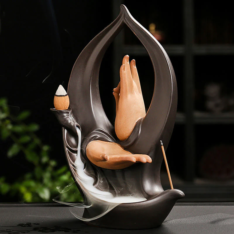 Buddha Stones Stairs Mountains Water Buddha Hand Ceramic Backflow Smoke Fountain Meditation Incense Burner Decoration