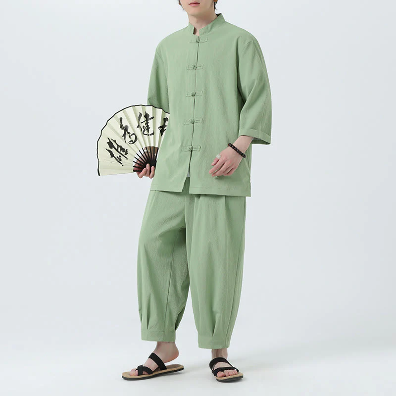 Buddha Stones 2Pcs Solid Frog-Button Three Quarter Sleeve Shirt Pants Men's Set