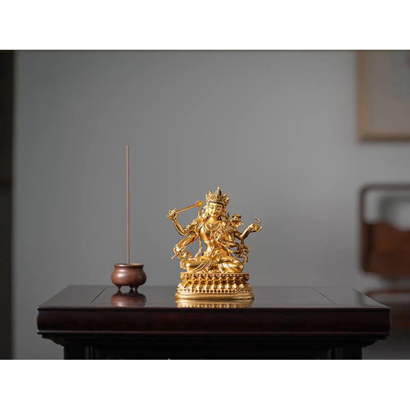 Buddha Stones Four-armed Manjusri Bodhisattva Gold Figurine Compassion Serenity Copper Statue Home Decoration