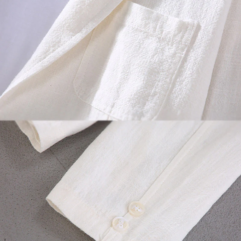 Buddha Stones Long Sleeve Button Plain Design Men's Linen Jacket Shirt With Pockets