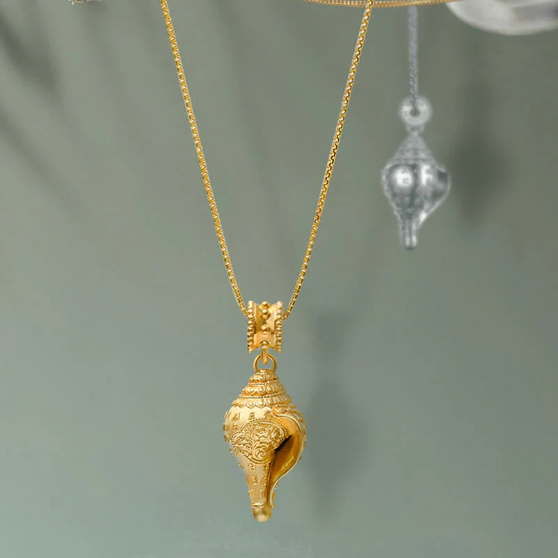 Buddha Stones 999 Sterling Silver Shankha Conch Shell Seashell Lucky Necklace Pendant