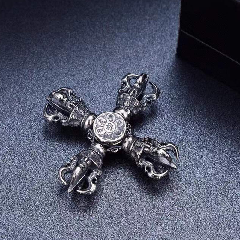 Buddha Stones Tibetan 925 Sterling Silver Double Dorje Vajra Engraved Spiritual Power Pendant