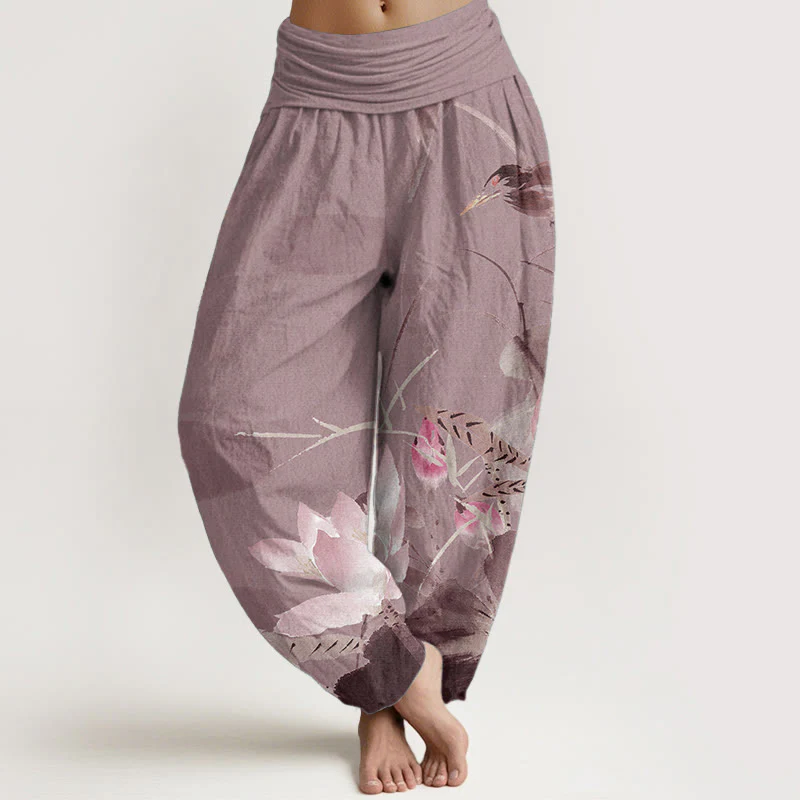 Buddha Stones Pure Cotton Pink Lotus Leaves Bird Pattern Women's Elastic Waist Harem Pants