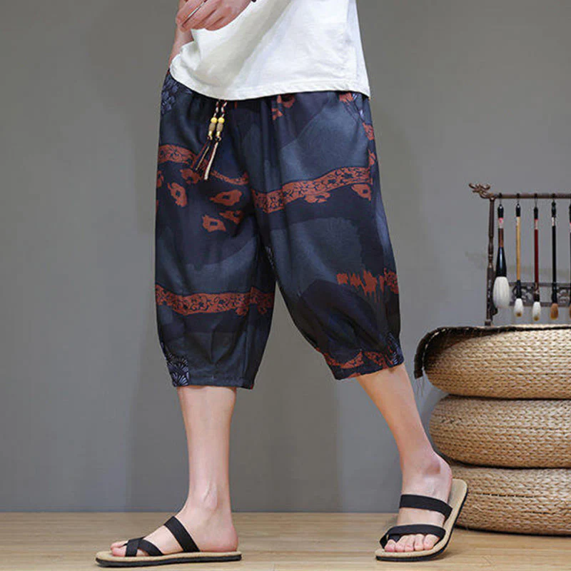 Buddha Stones Summer Bamboo Leaves Flowers Cotton Linen Men's Capri Pants With Pockets