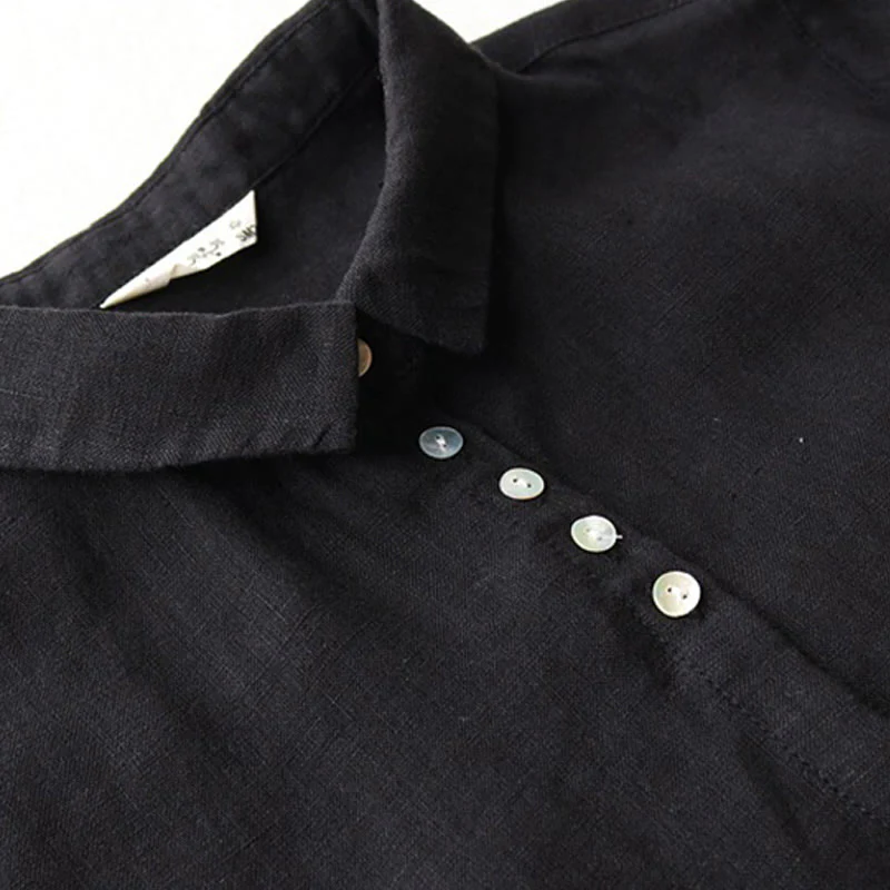 Buddha Stones Buttons Design Lapel Three Quarter Sleeve Cotton Linen Midi Dress With Pockets