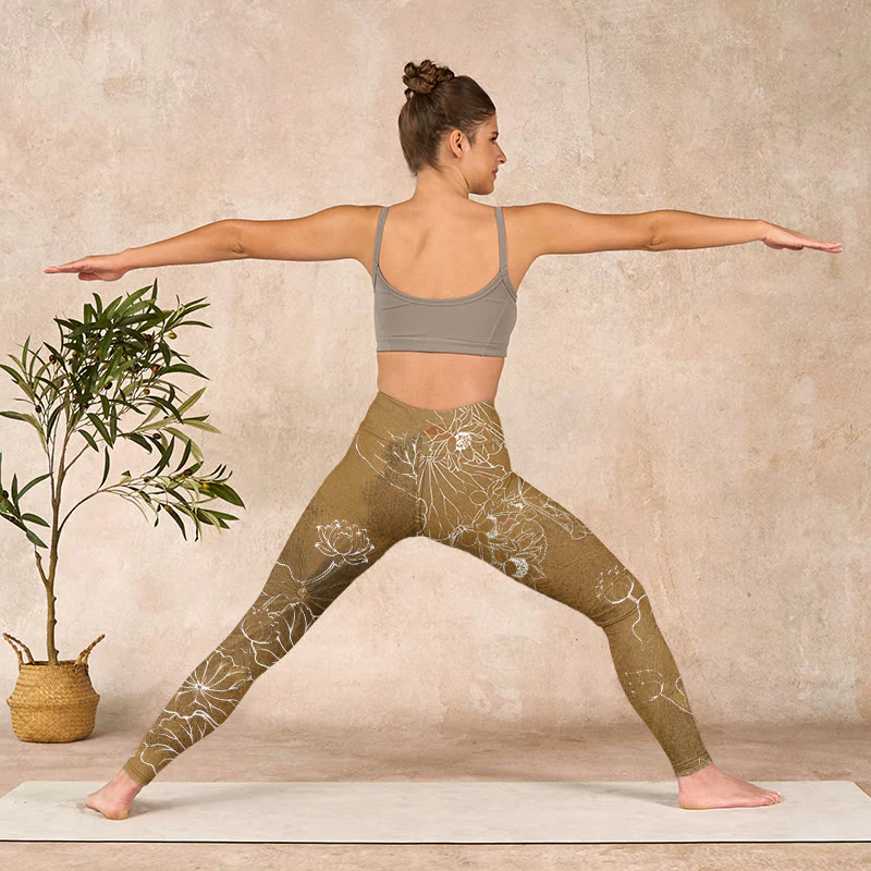 Buddha Stones Goldenrod Lotus Flowers Leaves Print Gym Fitness Leggings Women's Yoga Pants