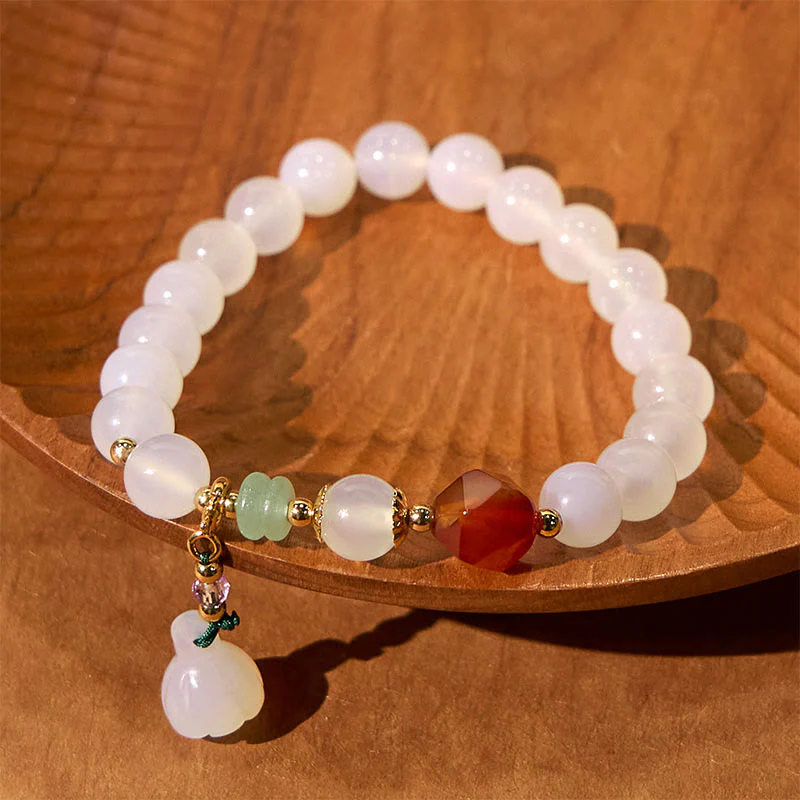 Buddha Stones White Agate Red Agate Lotus Pod Charm Luck Bracelet