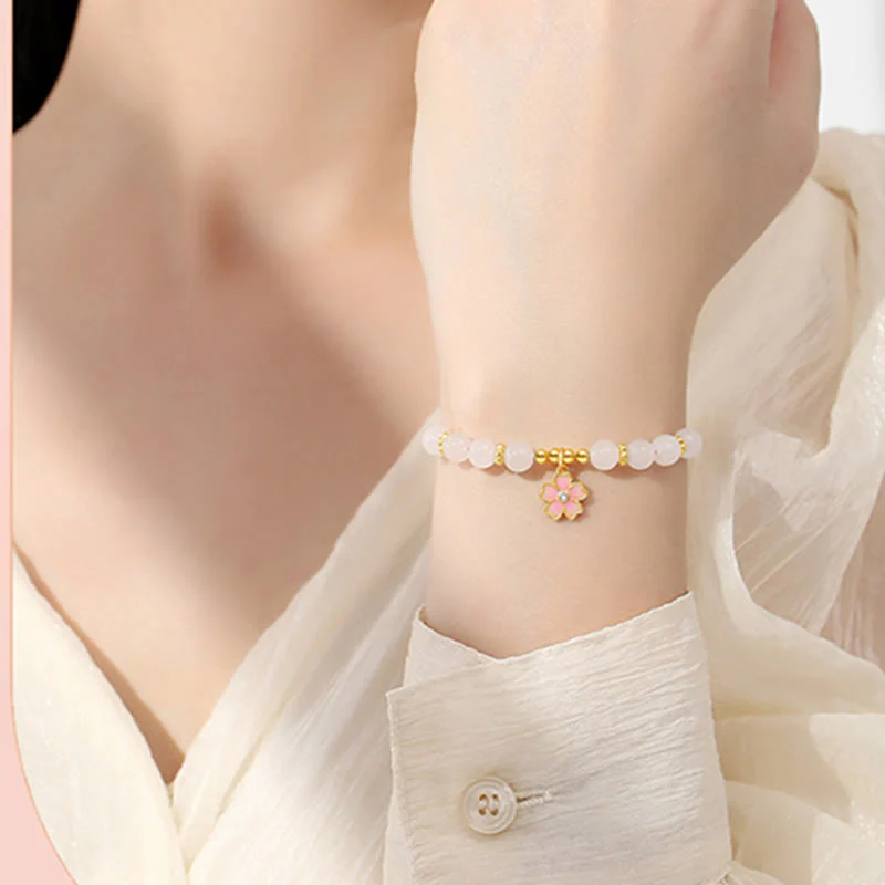 Buddha Stones 925 Sterling Silver Hetian White Jade Cherry Blossom Protection Bracelet