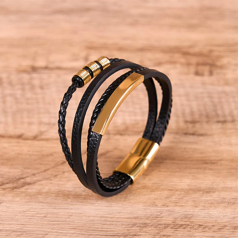 Buddha Stones Fashion Titanium Steel Leather Hand Woven Magnetic Buckle Strengthen Bracelet