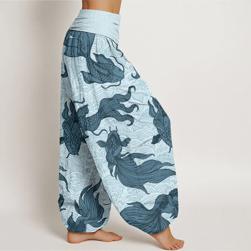 Buddha Stones Koi Fish Waves Pattern Design Women's Elastic Waist Harem Pants