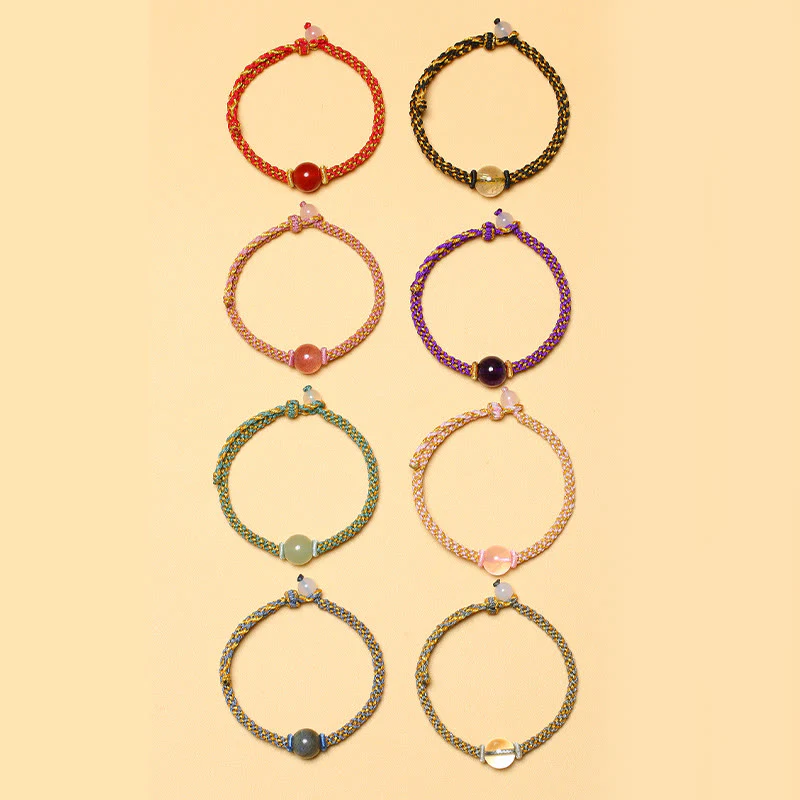 Buddha Stones Handmade Red Agate Amethyst Golden Rutilated Quartz Pink Crystal Bead Calm Braided Bracelet