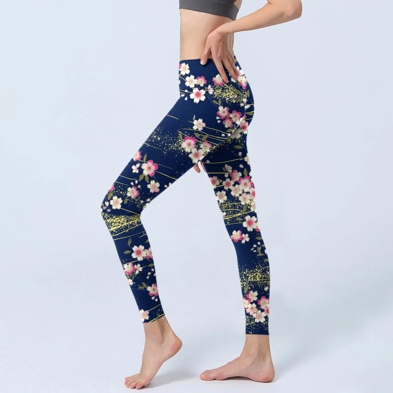Buddha Stones Pink Magenta Flowers Green Leaves Print Gym Leggings Women's Yoga Pants
