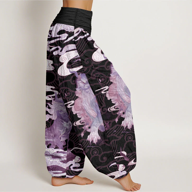Buddha Stones Pure Cotton PiXiu Auspicious Clouds Pattern Women's Elastic Waist Harem Pants