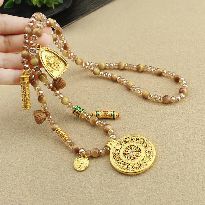 Buddha Stones Tibetan Lotus Round Plate Golden Tiger Eye Beads Necklace Pendant