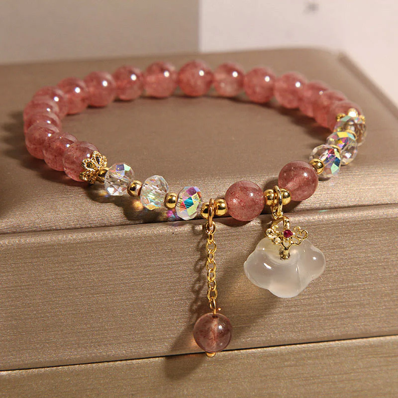 Buddha Stones Auspicious Clouds Strawberry Quartz White Agate White Crystal Positive Bracelet