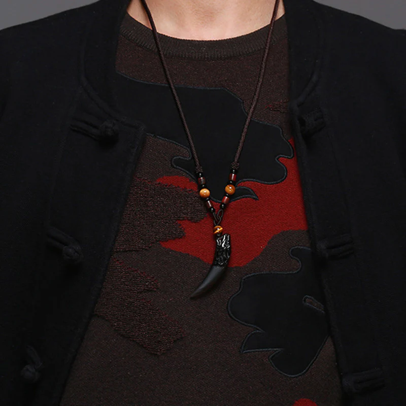 Buddha Stones Natural Ice Obsidian Wolf Tooth Pattern Courage Necklace Pendant