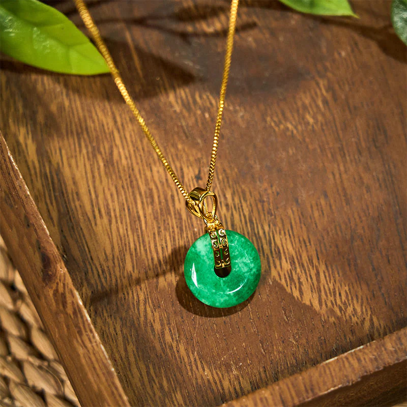Buddha Stones Cyan Jade Peace Buckle Healing Luck Necklace Pendant