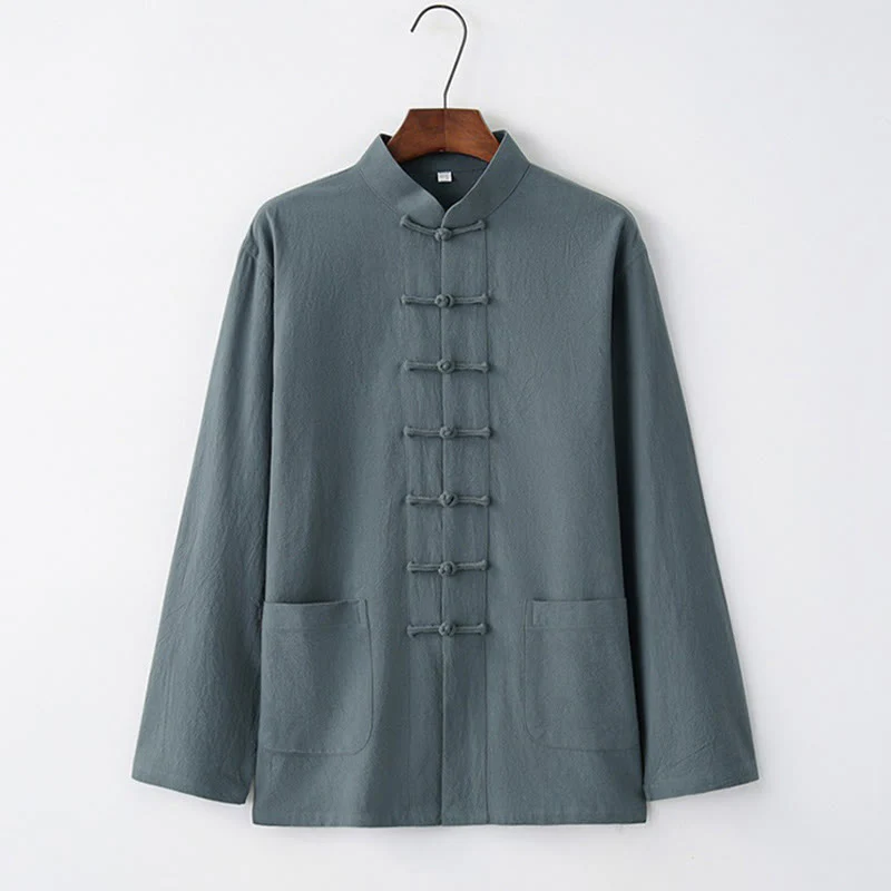 Buddha Stones Tang Frog-Button Long Sleeve Shirt Cotton Men's Clothing