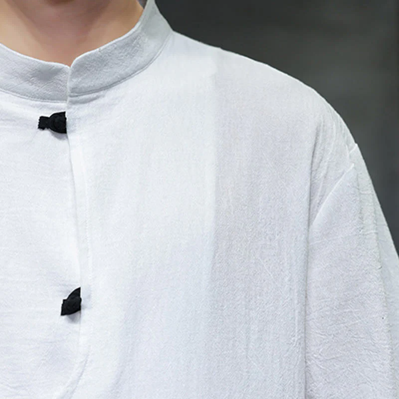 Buddha Stones Casual Plain Chinese Frog-Button Stand Collar Cotton Linen Men's Shirt