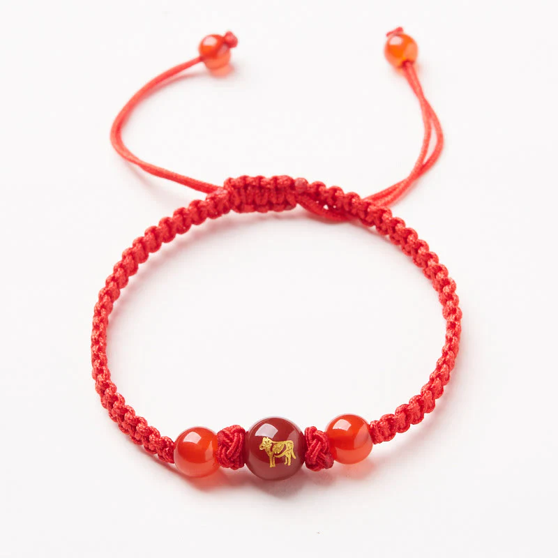 Buddha Stones Natural Red Agate Chinese Zodiac Red String Braided Protection Luck Bracelet