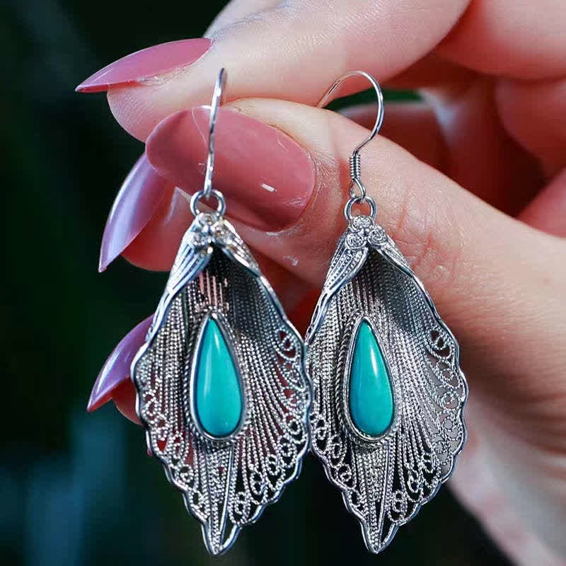 Buddha Stones 925 Sterling Silver Turquoise Bodhi Leaf Pattern Protection Drop Dangle Earrings