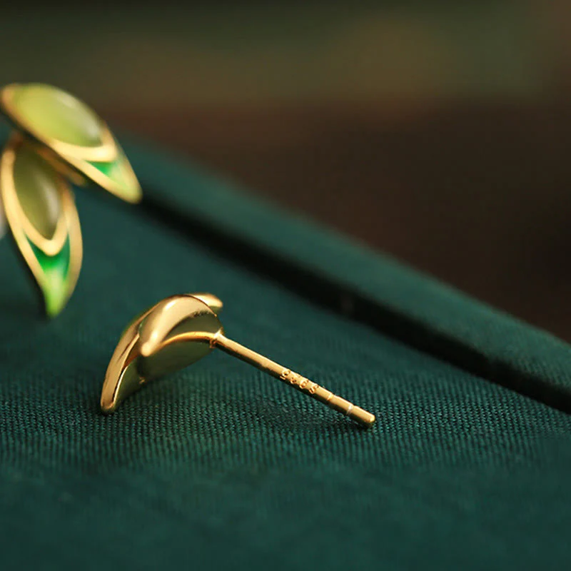 Buddha Stones 925 Sterling Silver Jade Leaf Prosperity Earrings