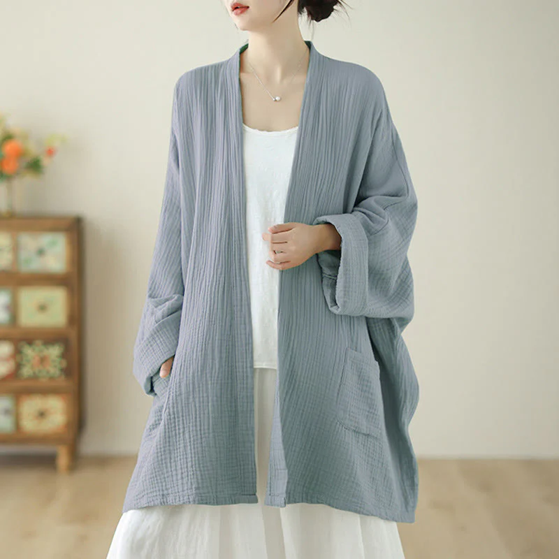 Buddha Stones Plain Long Sleeve Zen Meditation Cotton Linen Jacket With Pockets